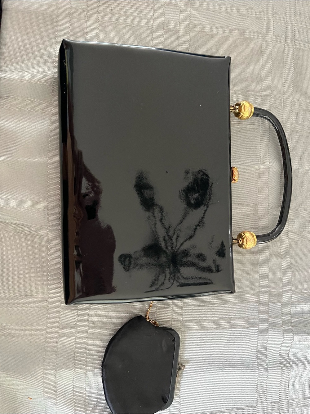 Black Patent Top-Handle Women's Bag with Gold Accents